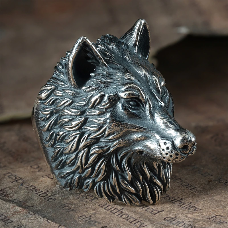 希然 925银戒指 原创手工狼头大戒指 潮男士硬派厚重霸气战狼指环