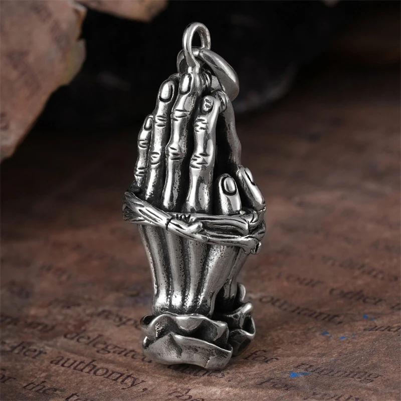 希然 吊坠925银 祈祷之手吊坠 手工3D挂饰hiphop潮嘻哈个性送男友