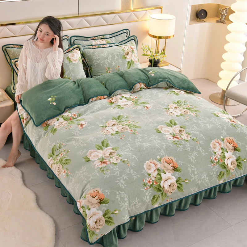 2024新款8--9斤床裙款牛奶绒四件套秋冬加厚金貂法兰绒宝宝绒系列