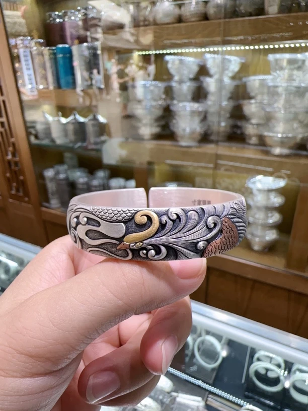 足银银制品 999雪花银凤凰精工镯