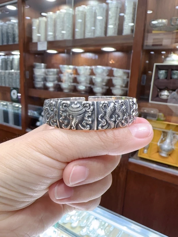 足银银制品 999雪花银藏八宝手工镯