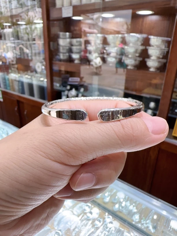 足银银制品 999雪花银平安喜乐手工镯