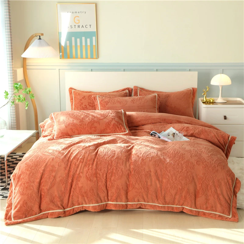 秋冬新品家纺雕花单双人牛奶绒四件套母婴纯色床品套件