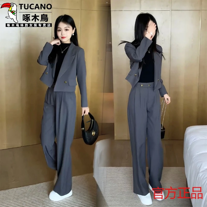 啄木鸟时尚西装套装女2025春秋季新款小个子洋气减龄黑色休闲西服