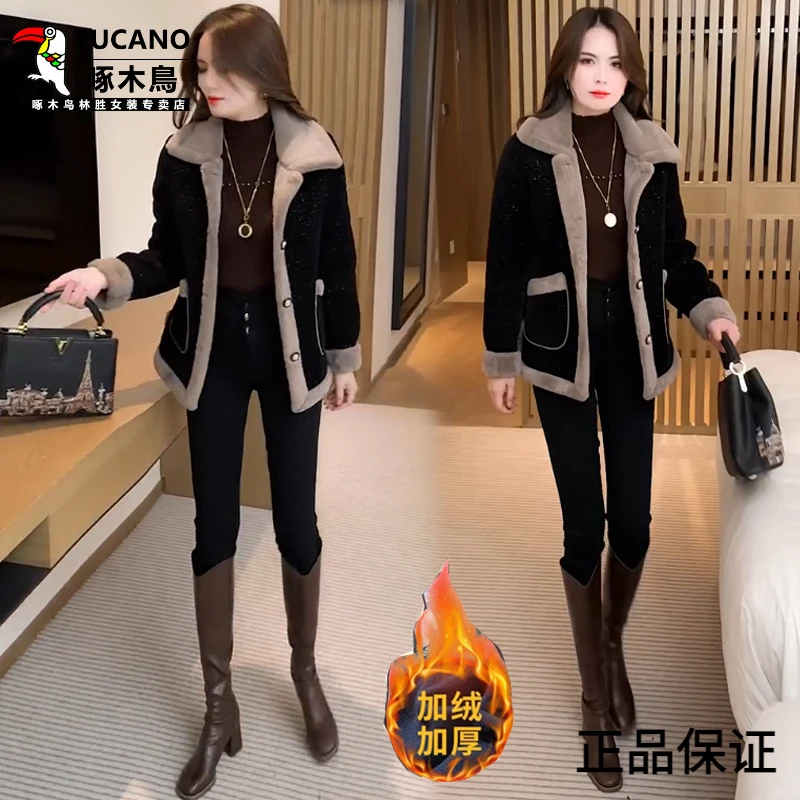啄木鸟加绒加厚毛呢外套女2024冬季新款时髦洋气显瘦百搭气质保暖