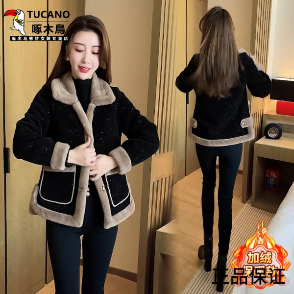 啄木鸟小香风外套女毛呢短款妈妈装秋冬款X加绒加厚冬装减龄保暖