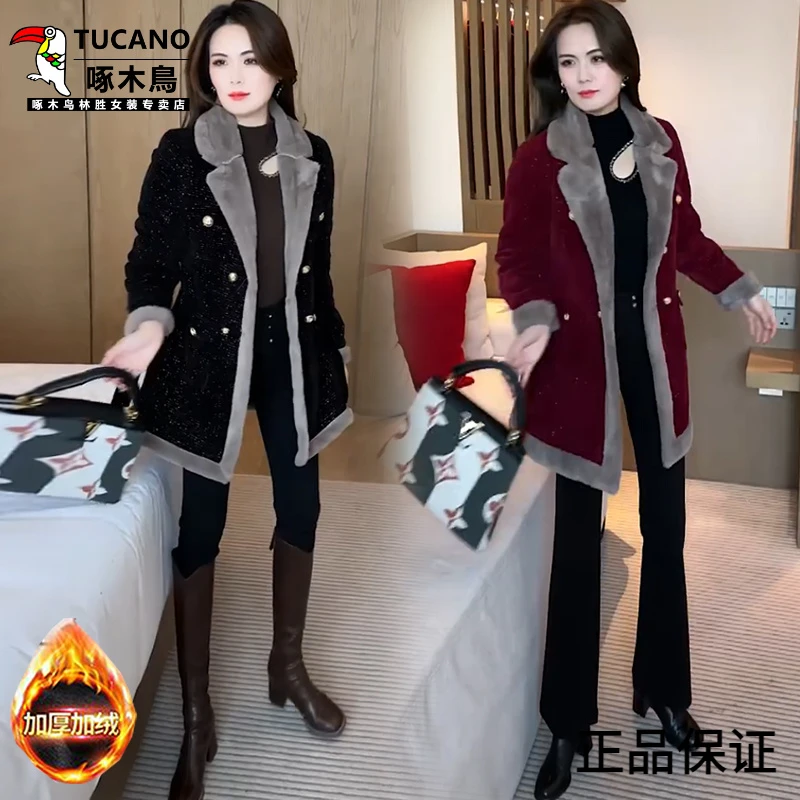 啄木鸟加绒加厚毛呢外套女2025冬季新款洋气收腰中长款修身保暖呢