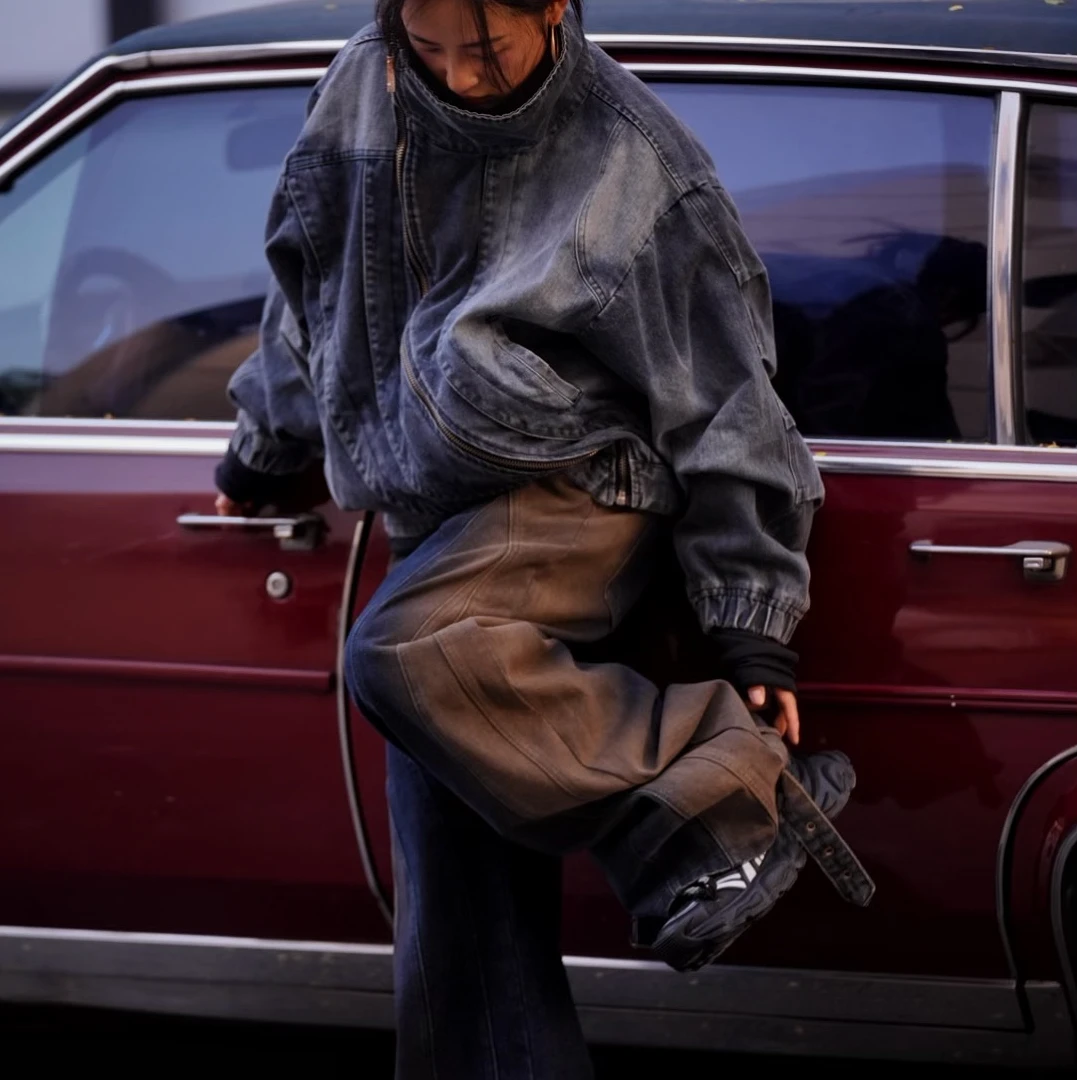 美式高街真渐变色街舞爵士做旧牛仔裤阔腿hiphop街头嘻哈毛边工装