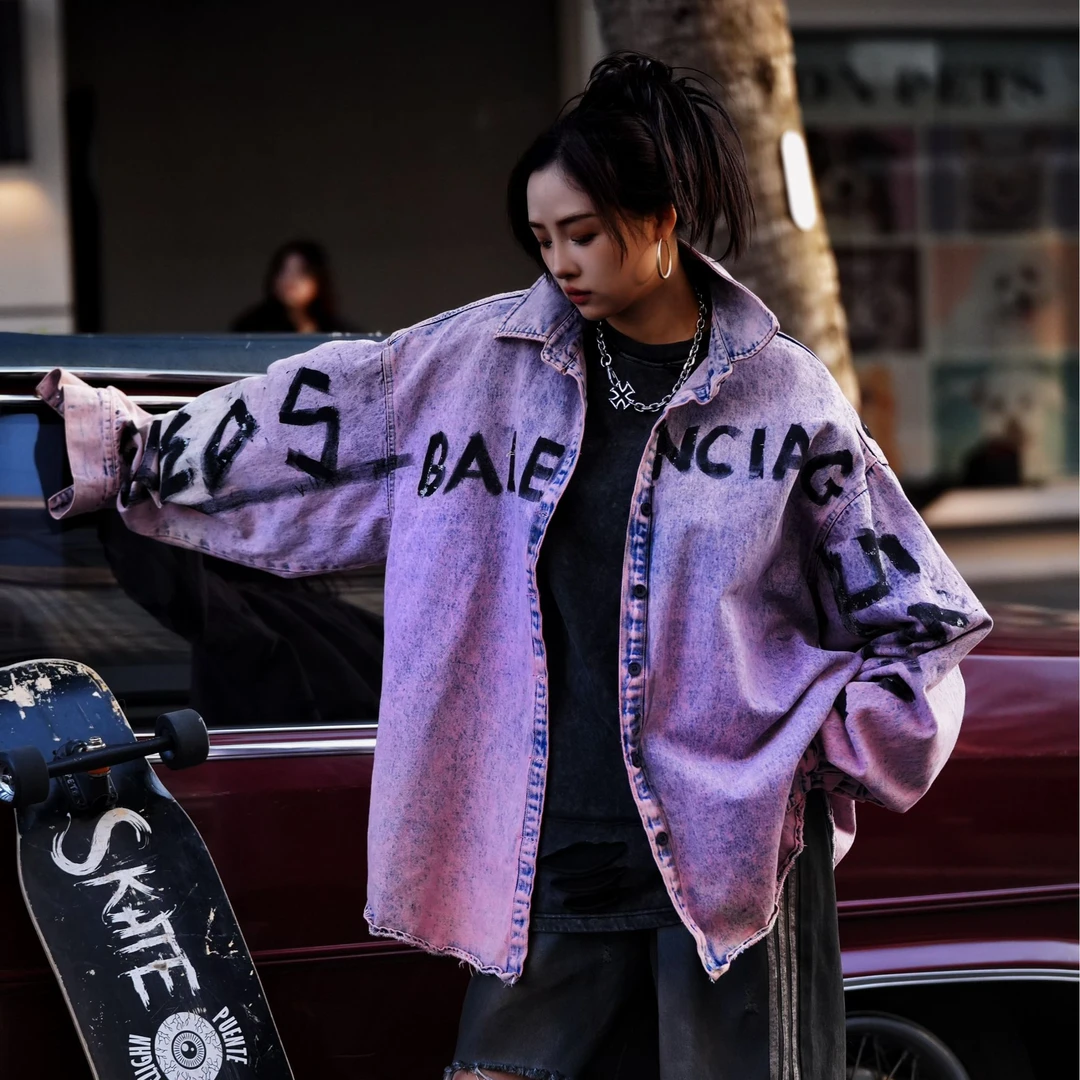 原创【紫外线】涂鸦设计牛仔衬衫水洗脏粉色宽松牛仔外套上衣男女款