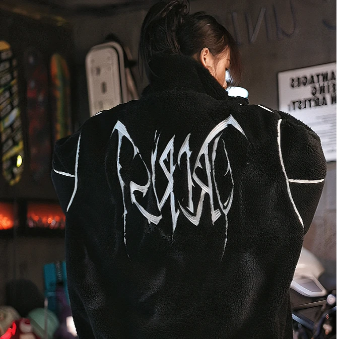 冬季立领毛毛棉衣男港风休闲加厚保暖外套情侣字母刺绣宽松棉服