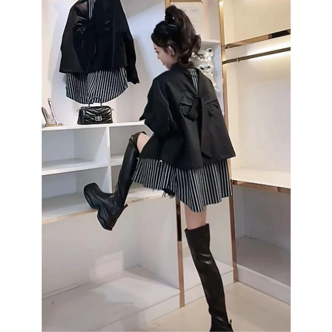 蝴蝶结外套女2024秋季新款宽松高级设计感拼接条纹时尚短款风衣