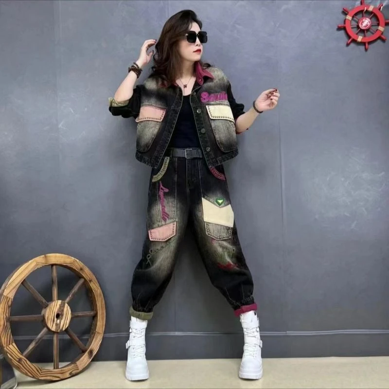 欧货加绒套装女重工艺刺绣洋气撞色牛仔外套、工艺刺绣哈伦牛仔裤