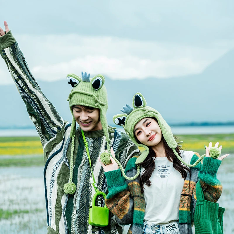 芽小七原创设计青蛙毛织手工冬季帽子保暖毛线成人针织帽情侣2022