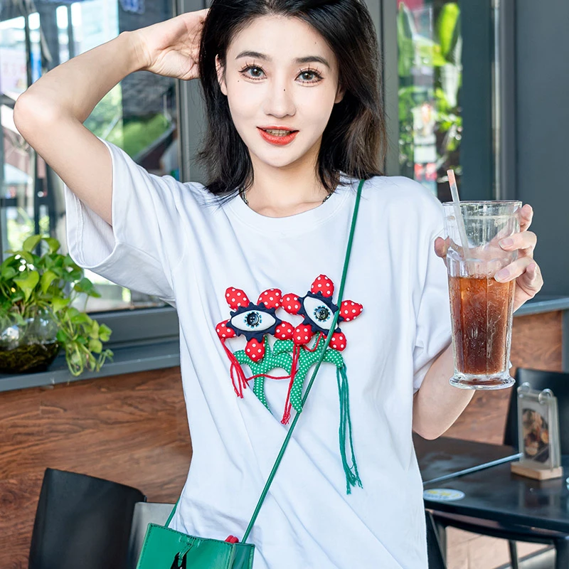 芽小七艺术家系列之草间弥生手工制作280G棉短袖女士t恤宽松上衣