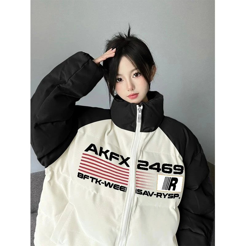 美式复古拼接撞色设计感棉服冬季外套女高级宽松休闲立领棉衣棉袄