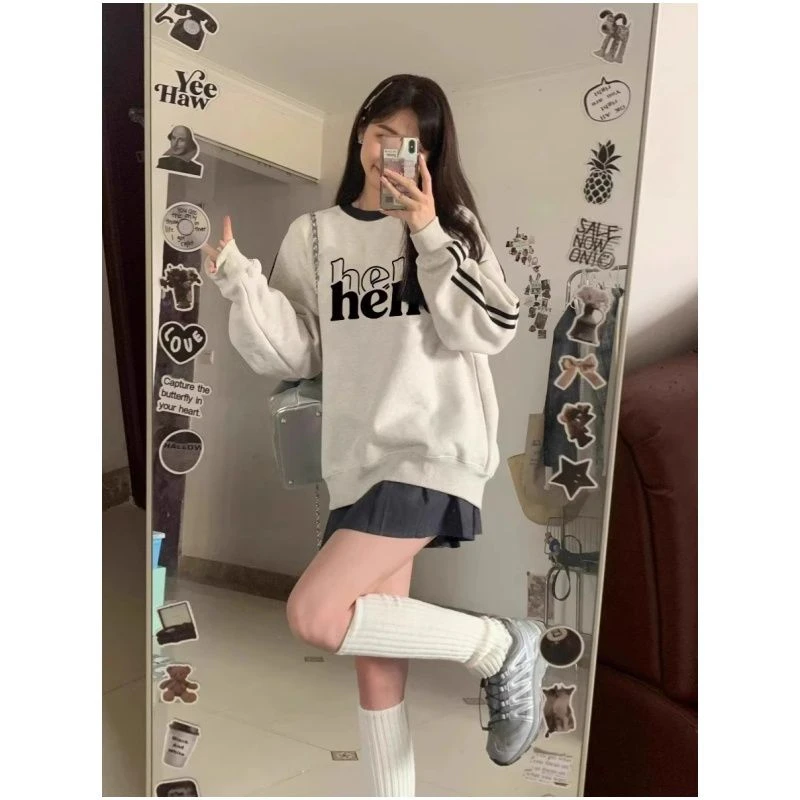 美式复古拼接圆领卫衣女2024长袖印花潮牌ins宽松慵懒风高街上衣