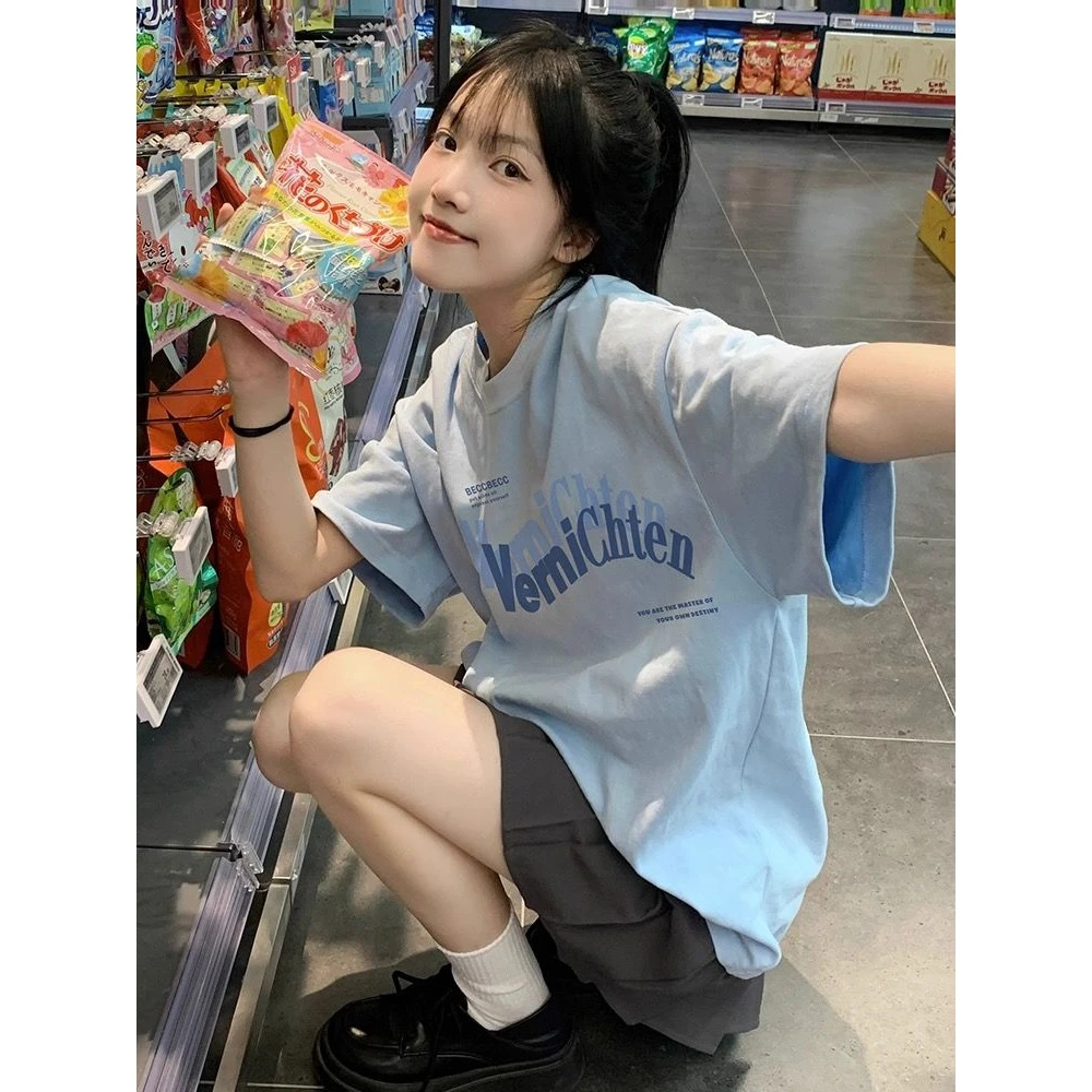 蓝色纯棉短袖t恤女夏季2025新款多巴胺穿搭独特别致奶里奶气上衣