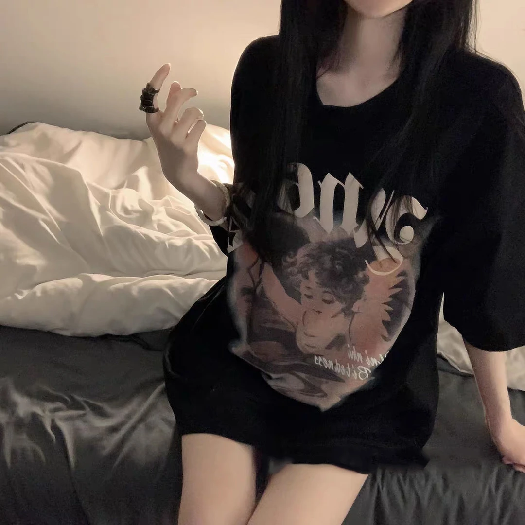 100%纯棉美式hiphop复古黑色半袖短袖T恤女国潮夏季欧美小众ins