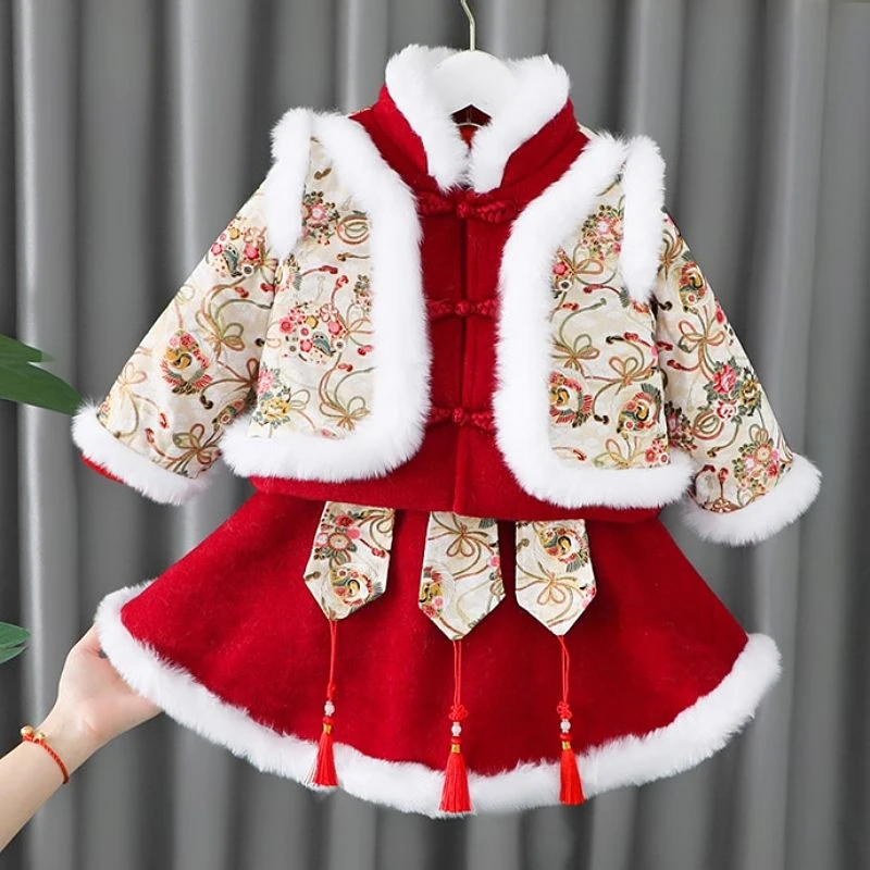 汉服女童冬装新年衣服儿童中国风童装加绒唐装小童过年宝宝拜年服