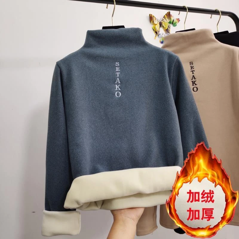 女童加厚一体绒打底衫秋冬新款中大童保暖加绒半高领T恤上衣EE