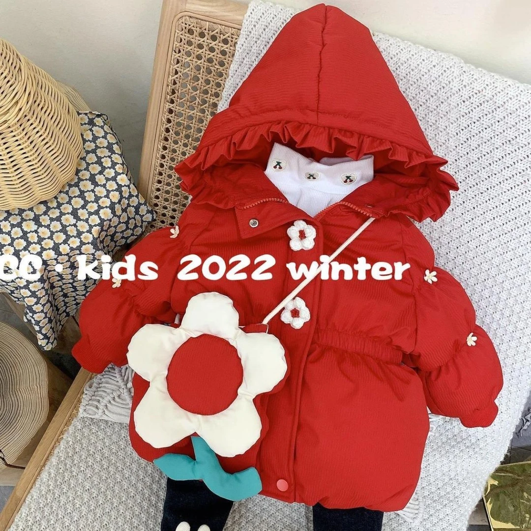 儿童装可爱冬款红色拜过年服加绒加厚连帽中长款棉服外套宝宝冬装