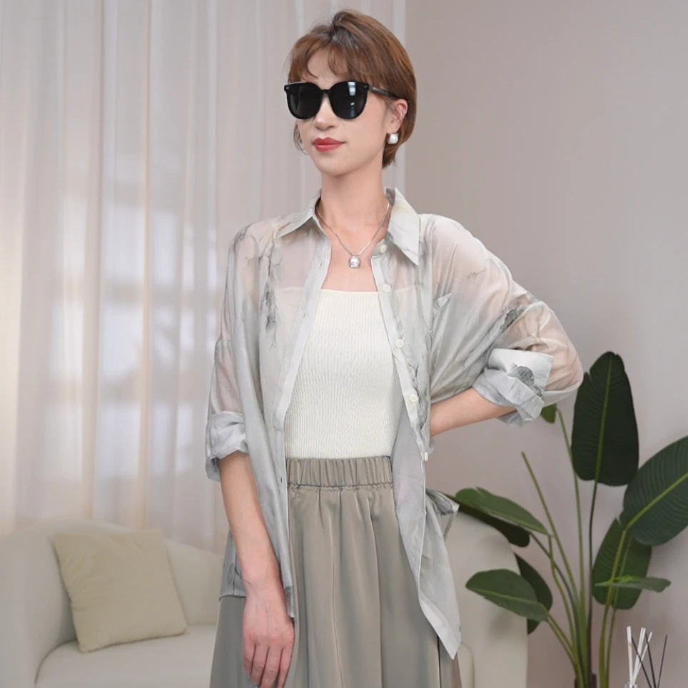 2024夏季新款国风防晒衣衬衫薄款复古做旧宽松衬衣