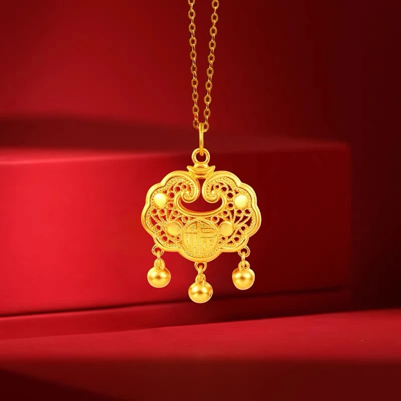 【大福专享】18k 金锁定如意平安锁时尚百搭复古宫廷风（赠银链子）