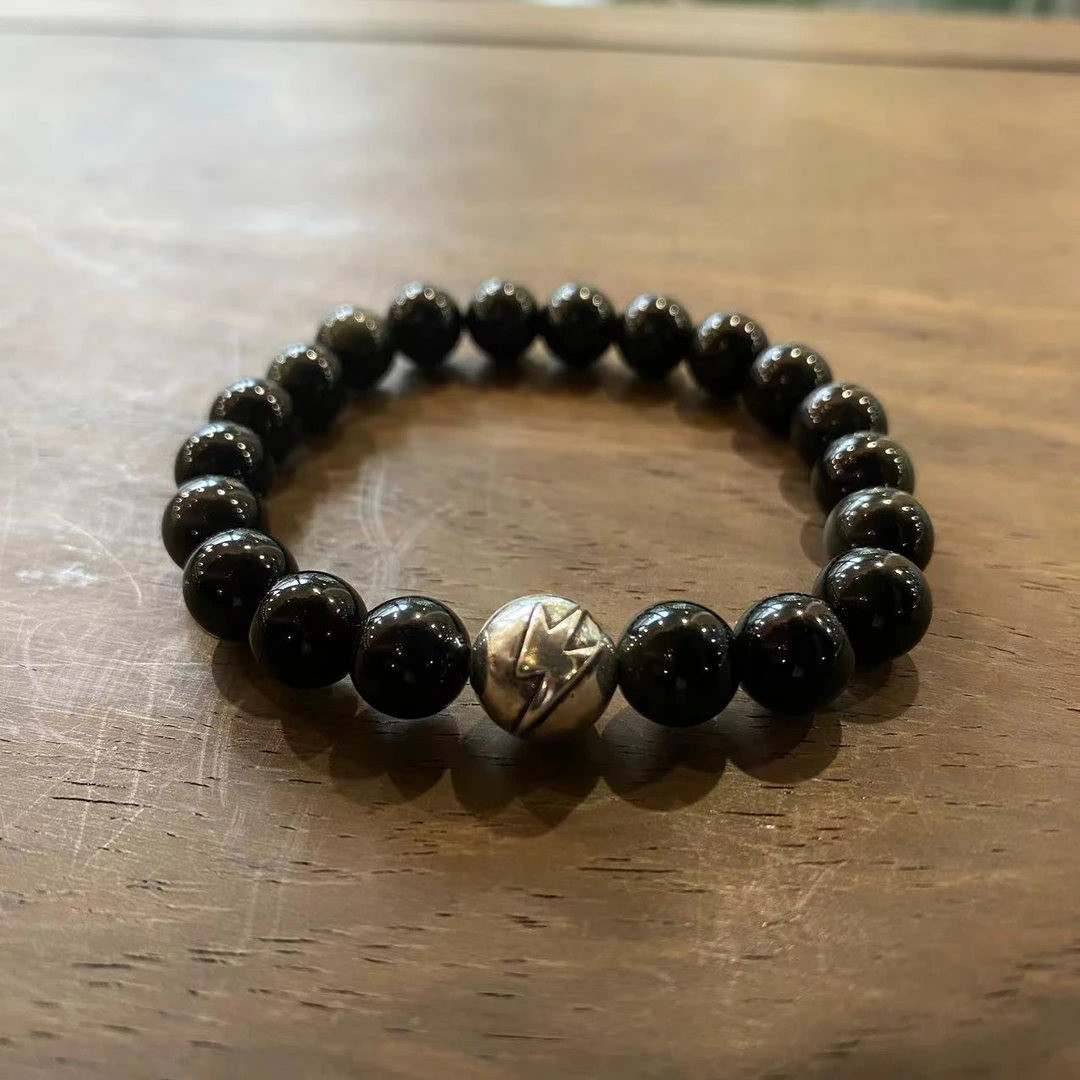 925银手链 Amexnocap黑耀石闪电银珠8mm手链