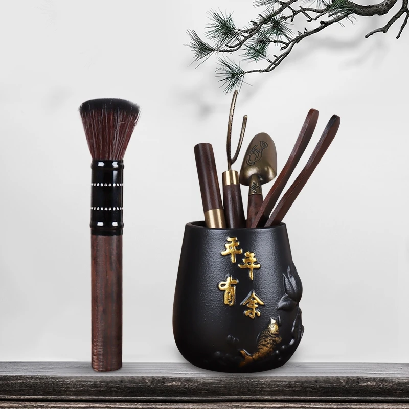 高档黑陶六君子手工茶道配件茶针全套六件套中式竹制粗陶鎏金套装
