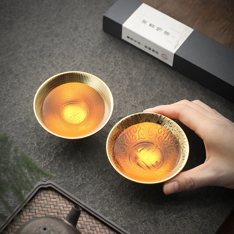 鎏金鎏银养生茶杯斗笠杯陶瓷家用主人杯鎏金建盏金杯个人杯品茗杯
