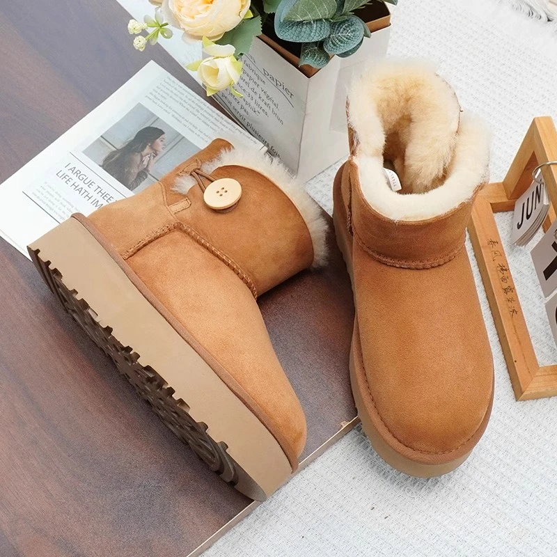 【厚底3352一粒扣】桑坡雪地靴女厚底冬季新款皮毛一体加厚保暖棉靴