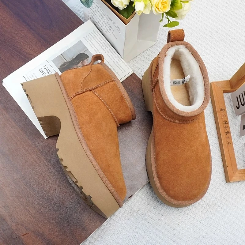 【厚底人鱼靴】桑坡雪地靴女新款羊皮毛一体加绒保暖时尚防滑短筒靴