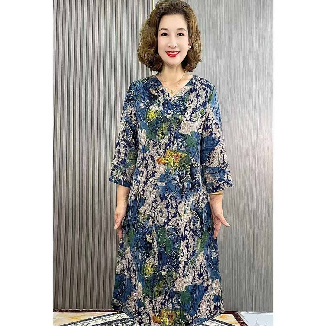 【奢洋】早秋新款时尚气质宽松大码妈妈装连衣裙（湖蓝色）