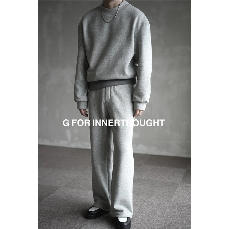 G FOR INNERTHOUGHT|浅混灰色针织绒里加厚编织领水洗下摆卫衣裤