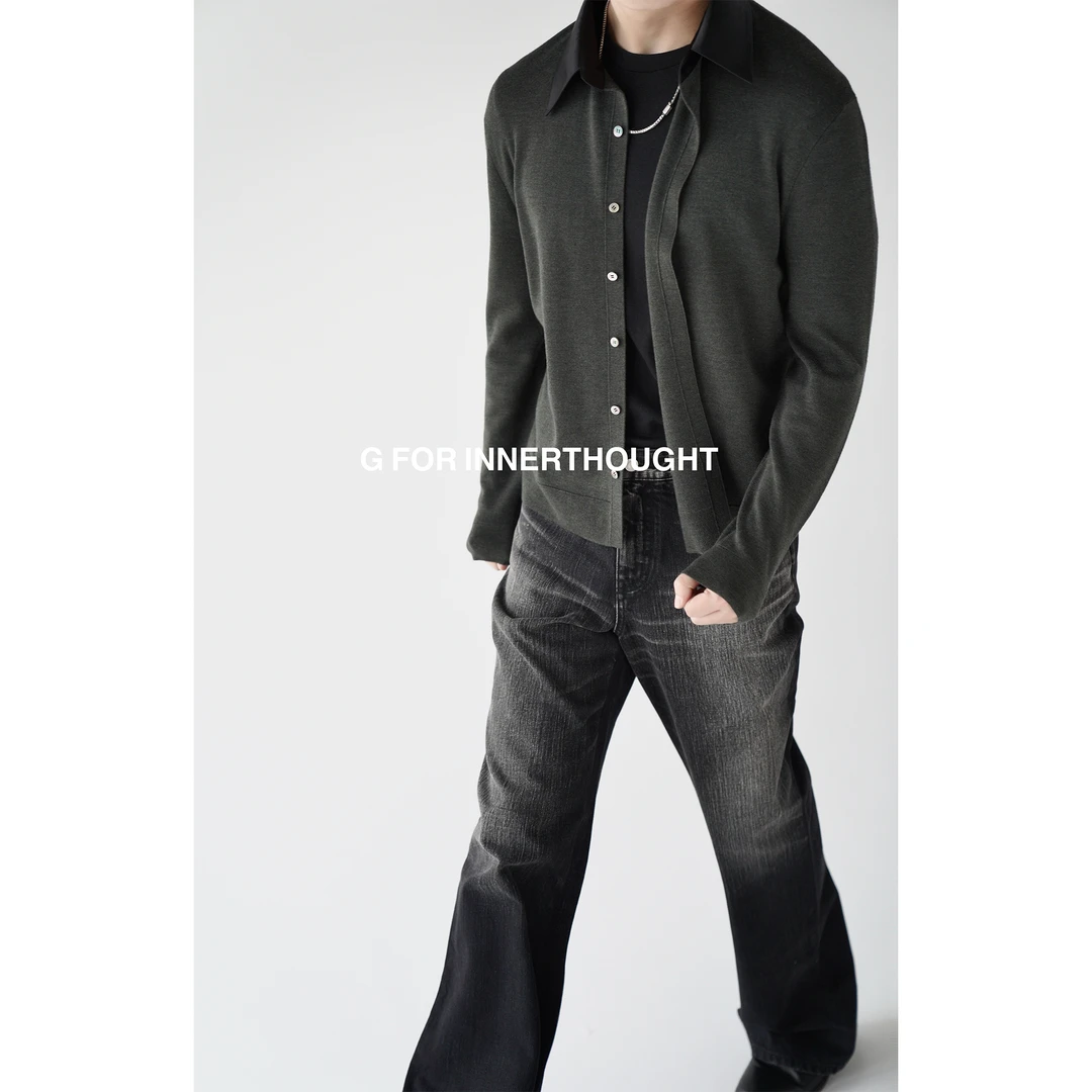 G FOR INNERTHOUGHT|2024AW扬子JI细羊毛拼接日本缎感领毛衣开衫