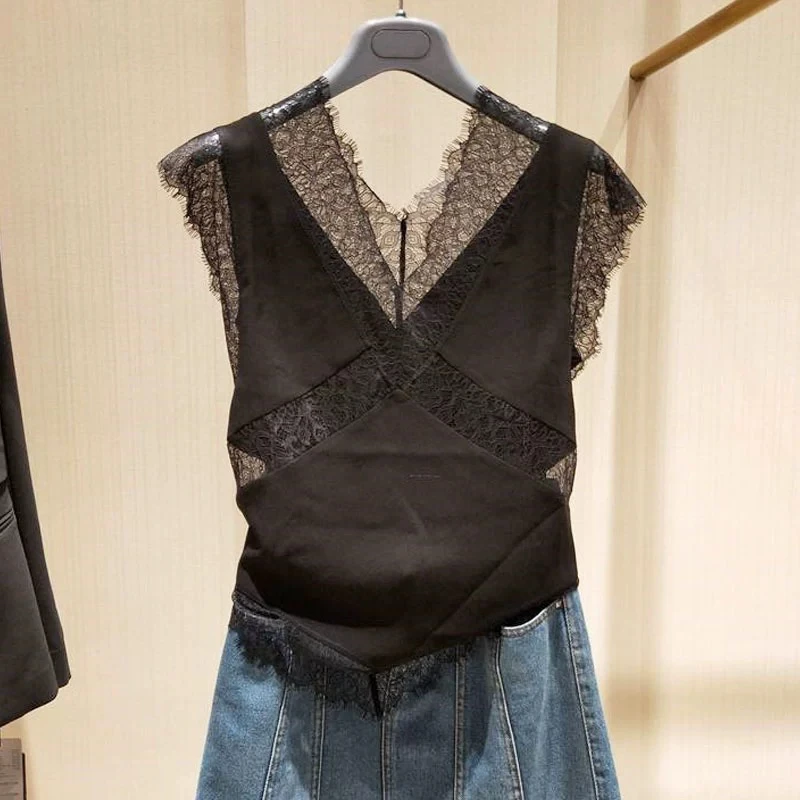 【商场同款】2024新款气质两面穿蕾丝边V领无袖打底衫背心T恤夏季