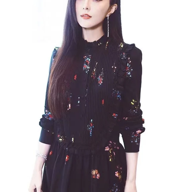 【商场同款】2024春款时尚气质秋木耳边长袖雪纺连衣裙女