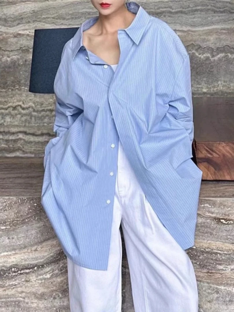 【商场同款】4秋季新款宽松时尚条纹中长款百搭长修衬衫女5301110