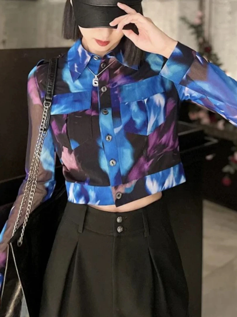 【商场同款】新春夏修身肩章短款网纱印花弹力长袖衬衫女1301009