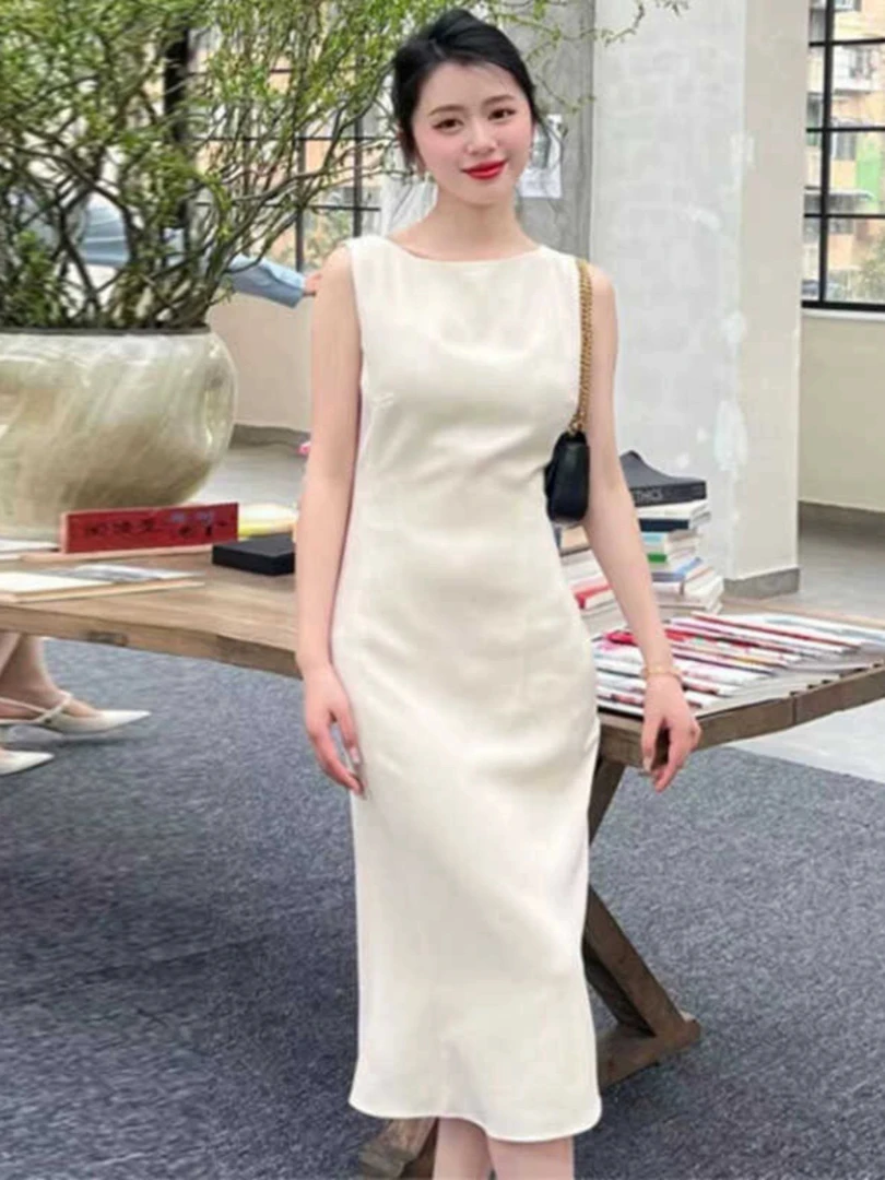 【商场同款】24春夏纯色气质优雅一字领无袖鱼尾连衣裙1500486