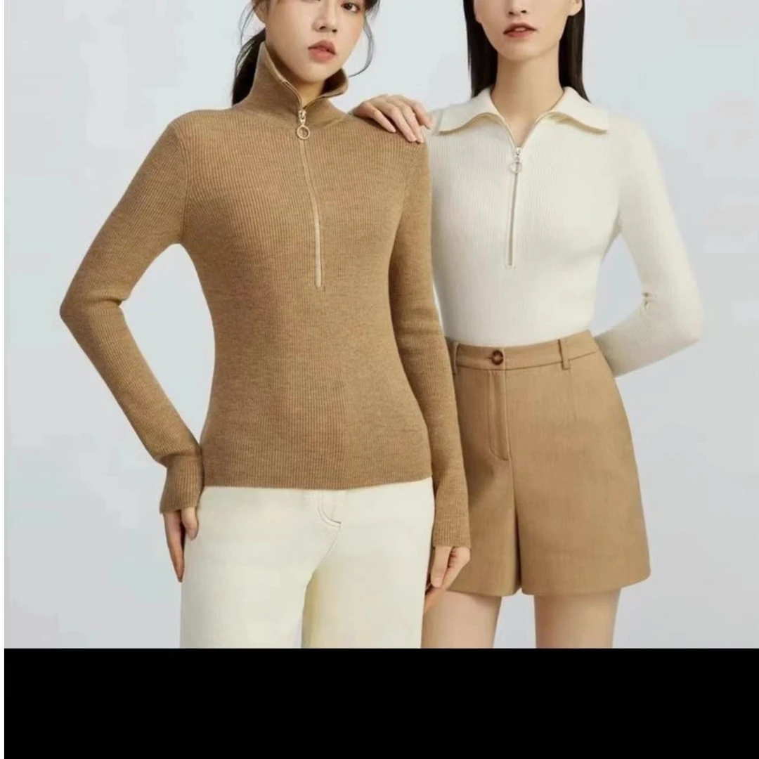 【商场同款】新款秋冬时尚网红修身百搭垃链针衫翻领长袖针织衫显瘦