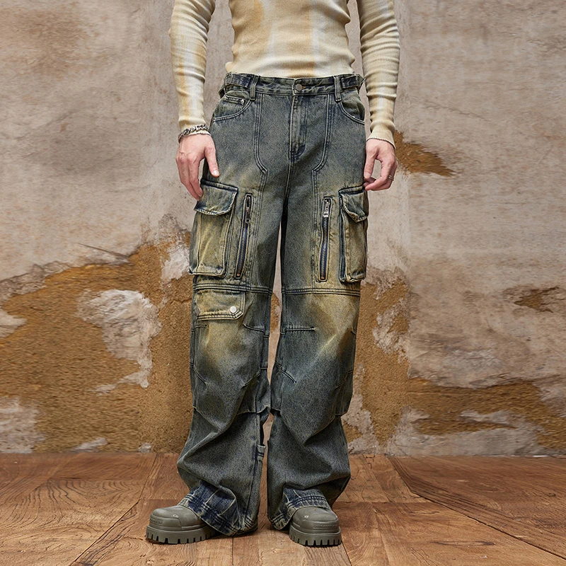 美式高街***复古工装风多口袋阔腿牛仔裤男士宽松直筒机能设计感
