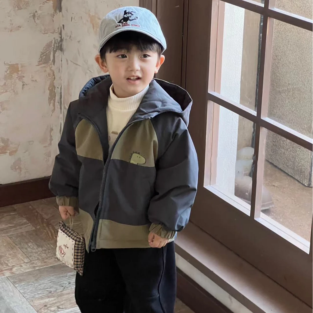 dadida/嗒嘀嗒冬季胸前恐龙印花拼接夹棉连帽外套+504800215