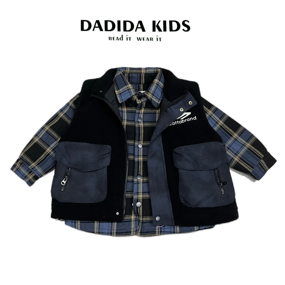 dadida/嗒嘀嗒冬季男童时尚拼接休闲衬衫上衣两件套+504200045