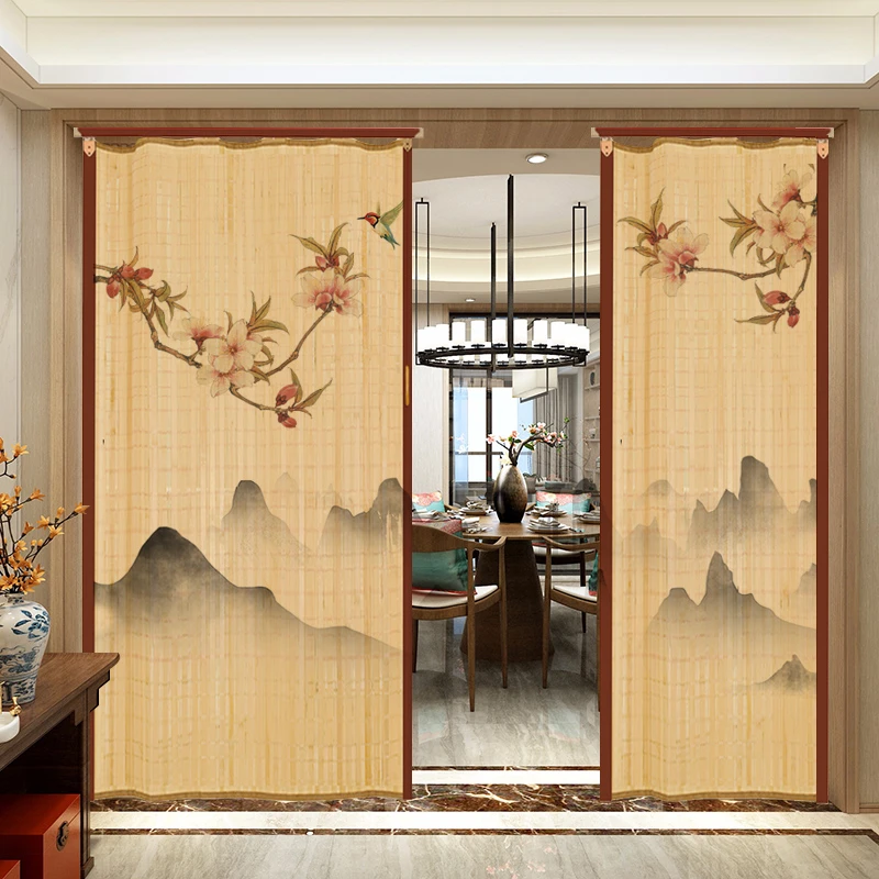 竹帘子门帘折叠推拉门家用卧室简易门隔断帘商铺门帘客厅厨房移门