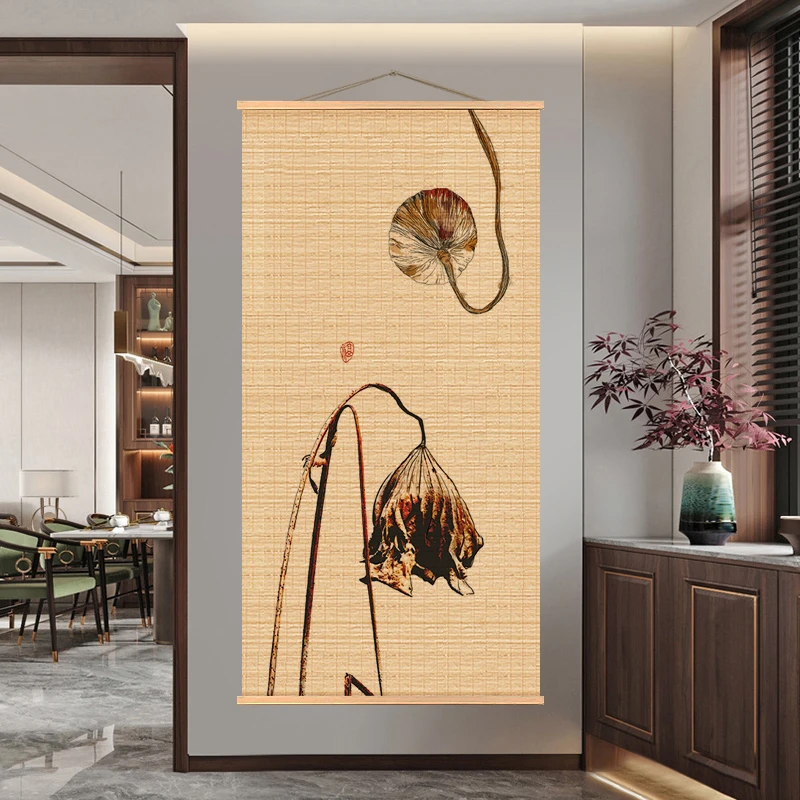 中国风禅意新中式竹帘挂画房茶室背景玄关国画荷花莲花枯荷图案