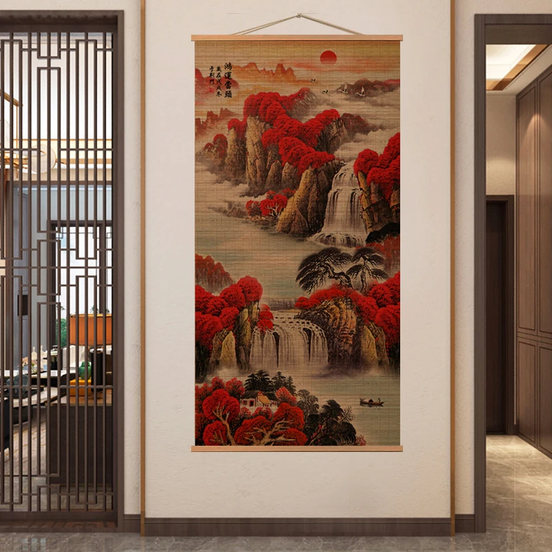 中国风禅意新中式竹帘挂画房茶室背景玄关国画山水高山鸿运当头