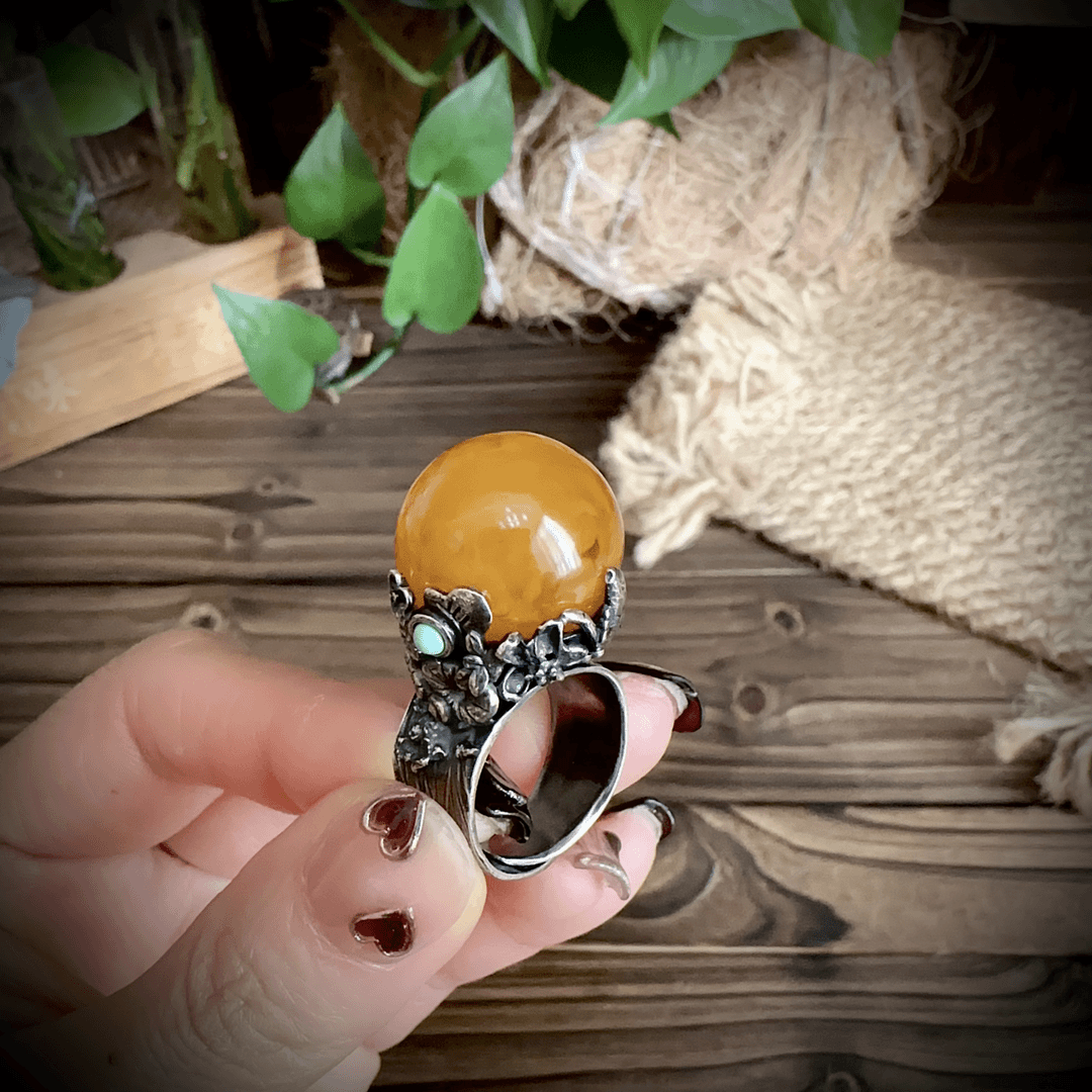 【古香古色】复古纯银蜜蜡琥珀圆珠戒指19.6mm（开口可调节）