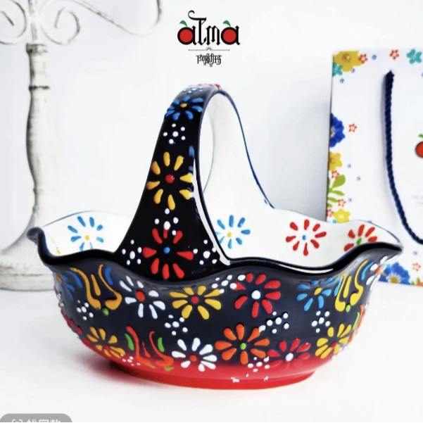 妮娜专属 新疆包邮【蓝贵夫人红椭圆水果篮】手绘带手提陶瓷果篮