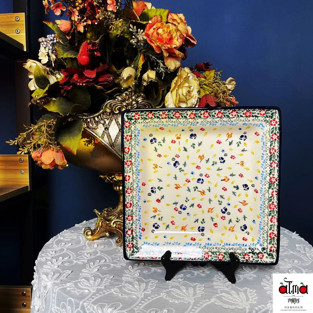 阿勒玛 新疆包邮【多彩】2个手绘11寸方盘家用加厚简约陶瓷餐具